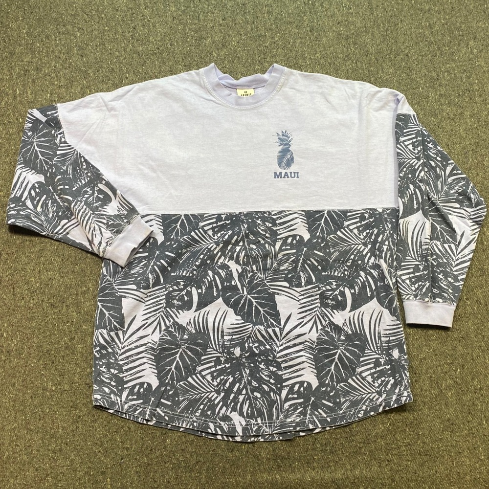Spirit Jersey Maui Shirt Sz L Womens Purple Tropical Palm Leaf Oversized Graphic